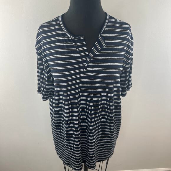 VINCE Navy White Top Linen Striped Henley Neck Short Sleeve Classic Size Large L - Picture 2 of 11